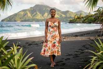 Femme réunionnaise en robe fleurie sur une plage de sable volcanique noir pendant l'été austral à La Réunion