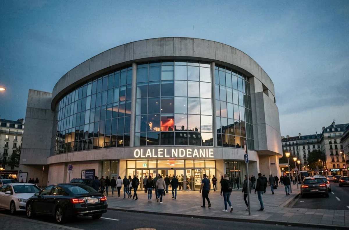 Façade extérieure d'une grande salle de spectacle moderne en France au crépuscule