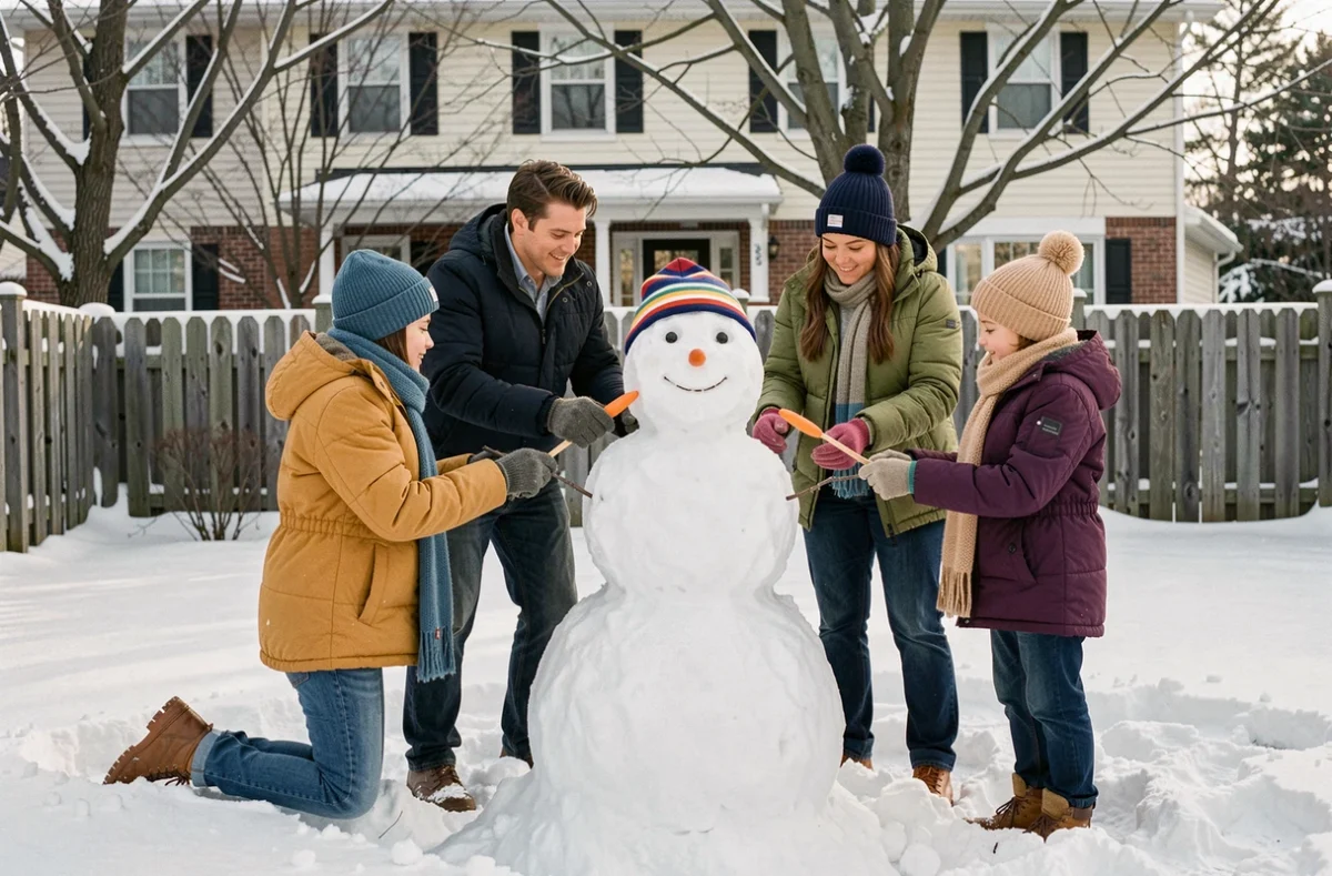 Famille construisant un bonhomme de neige dans un jardin enneigé en hiver