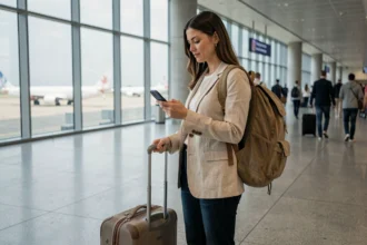 Femme à l'aéroport avec un bagage cabine à roulettes et un sac à dos, vérifiant sa carte d'embarquement