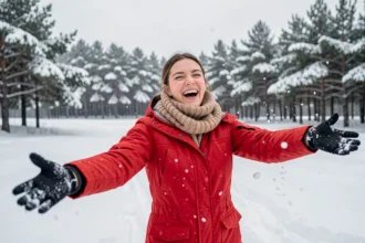 Jeune femme en manteau rouge lançant une boule de neige dans un champ enneigé entouré de sapins