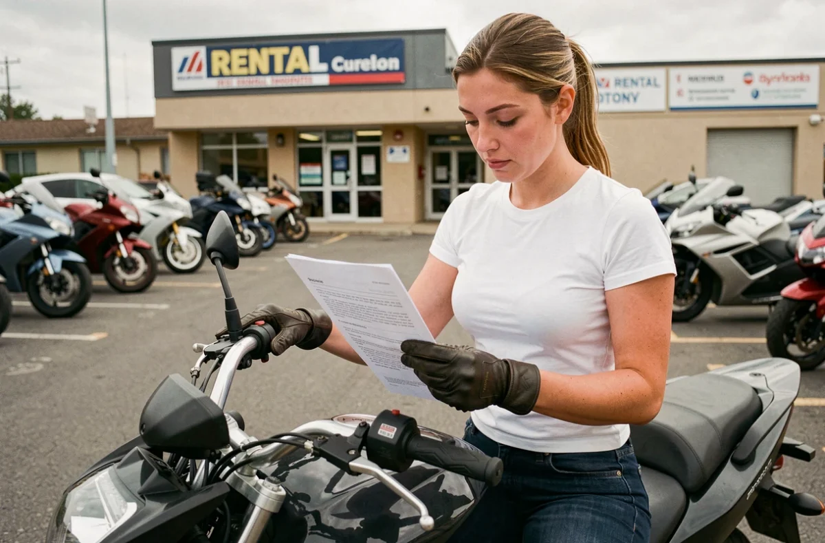 Femme lisant un contrat de location de moto dans un parking d'agence avant de prendre en charge le véhicule