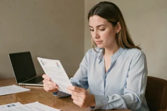 Femme examinant un document de visa à la recherche du numéro de référence