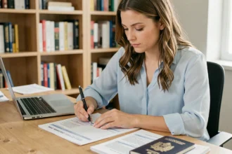 Femme remplissant un formulaire de demande de permis de conduire international à son bureau à domicile