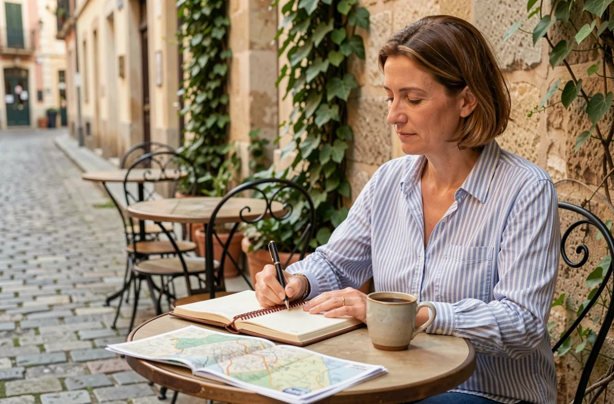 Femme écrivant dans un journal de voyage en terrasse de café pour préparer son année sabbatique