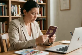 Femme consultant un passeport périmé avant un voyage à Dubaï