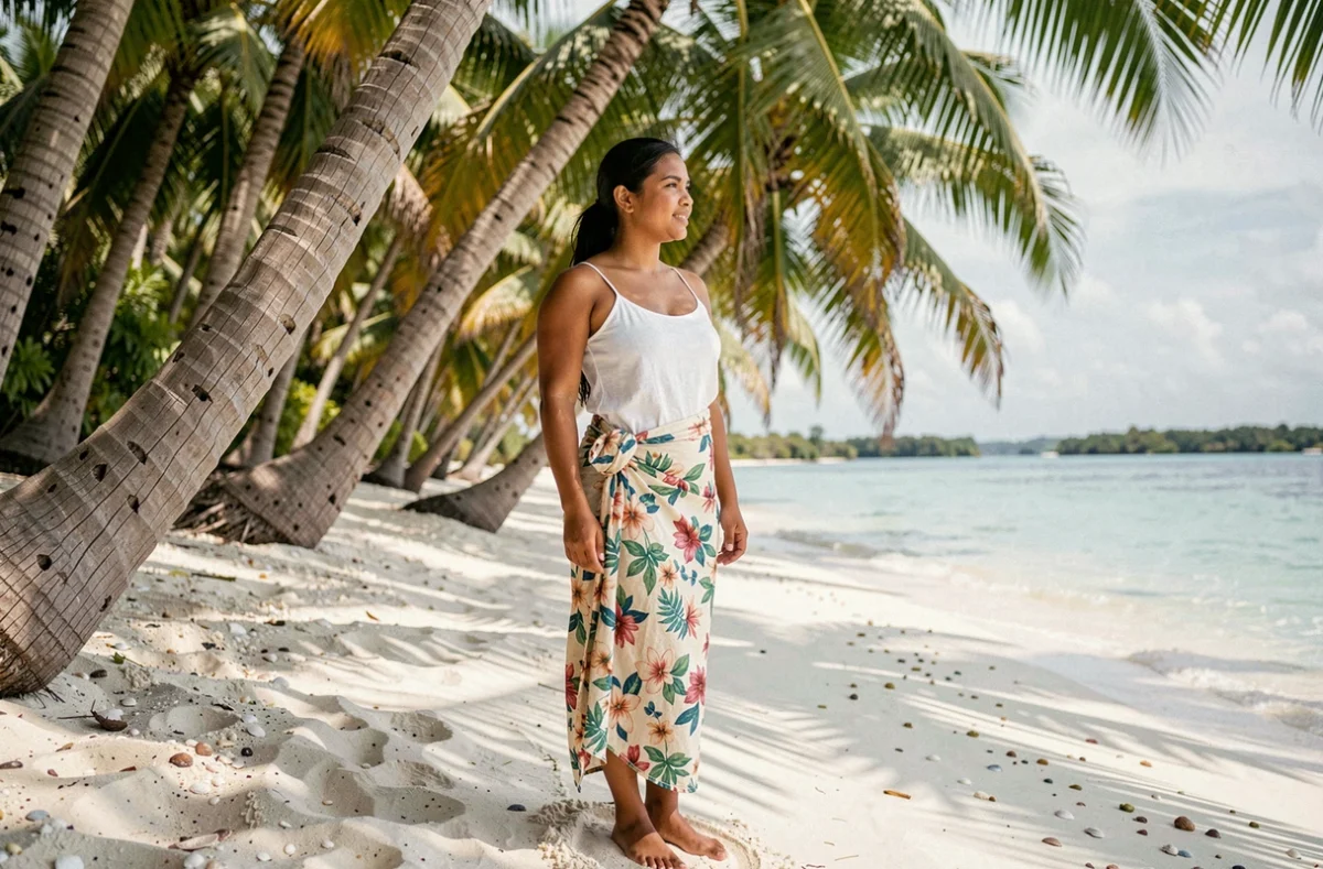 Femme polynésienne sur une plage de sable blanc à Bora Bora regardant le lagon
