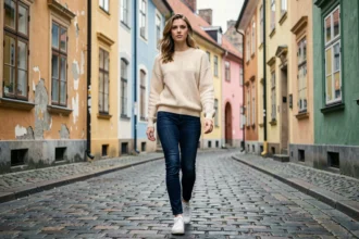 Femme suédoise en jean slim indigo marchant dans les rues pavées de Gamla Stan à Stockholm par temps nuageux