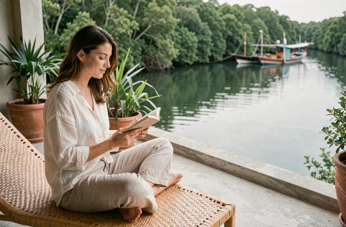 Femme détente sur une terrasse d'éco-resort avec vue sur une mangrove, ambiance naturelle et durable