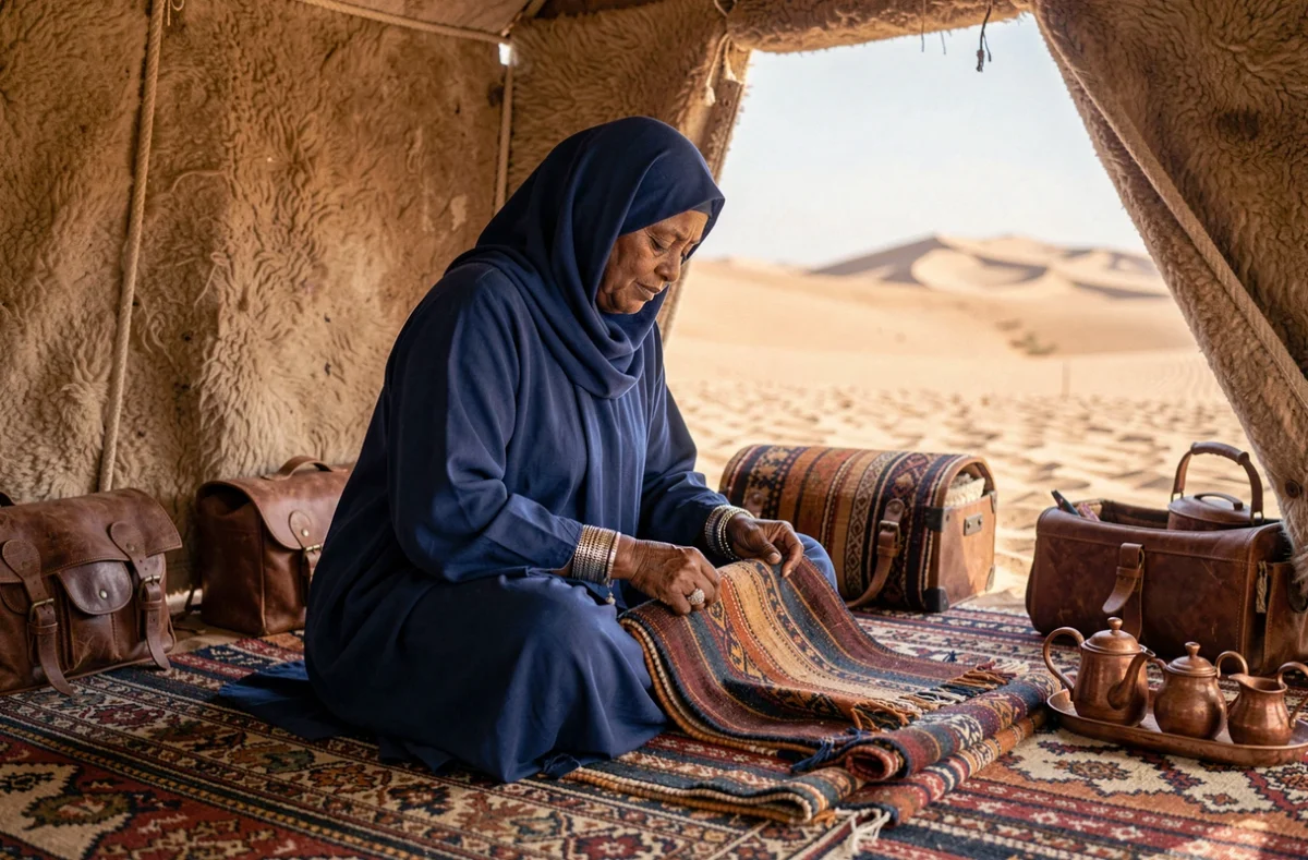 Femme touarègue en robe indigo pliant des tissus traditionnels à l'intérieur d'une tente nomade dans le désert du Sahara