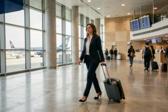 Femme pressée tirant une valise dans un terminal d'aéroport international animé