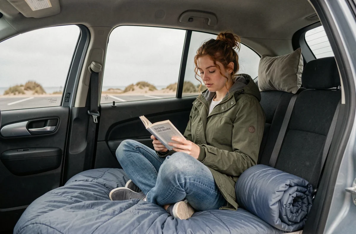 Femme lisant dans un SUV aménagé pour dormir dans un parking côtier en Belgique