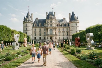 Festival culturel en plein air au domaine de Chaumont-sur-Loire avec le château historique en arrière-plan et des visiteurs explorant les jardins