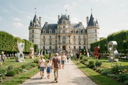 Festival culturel en plein air au domaine de Chaumont-sur-Loire avec le château historique en arrière-plan et des visiteurs explorant les jardins