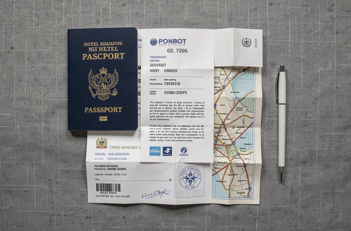 Vue de dessus de documents de voyage bien organisés sur une surface en lin gris, incluant passeport et réservations