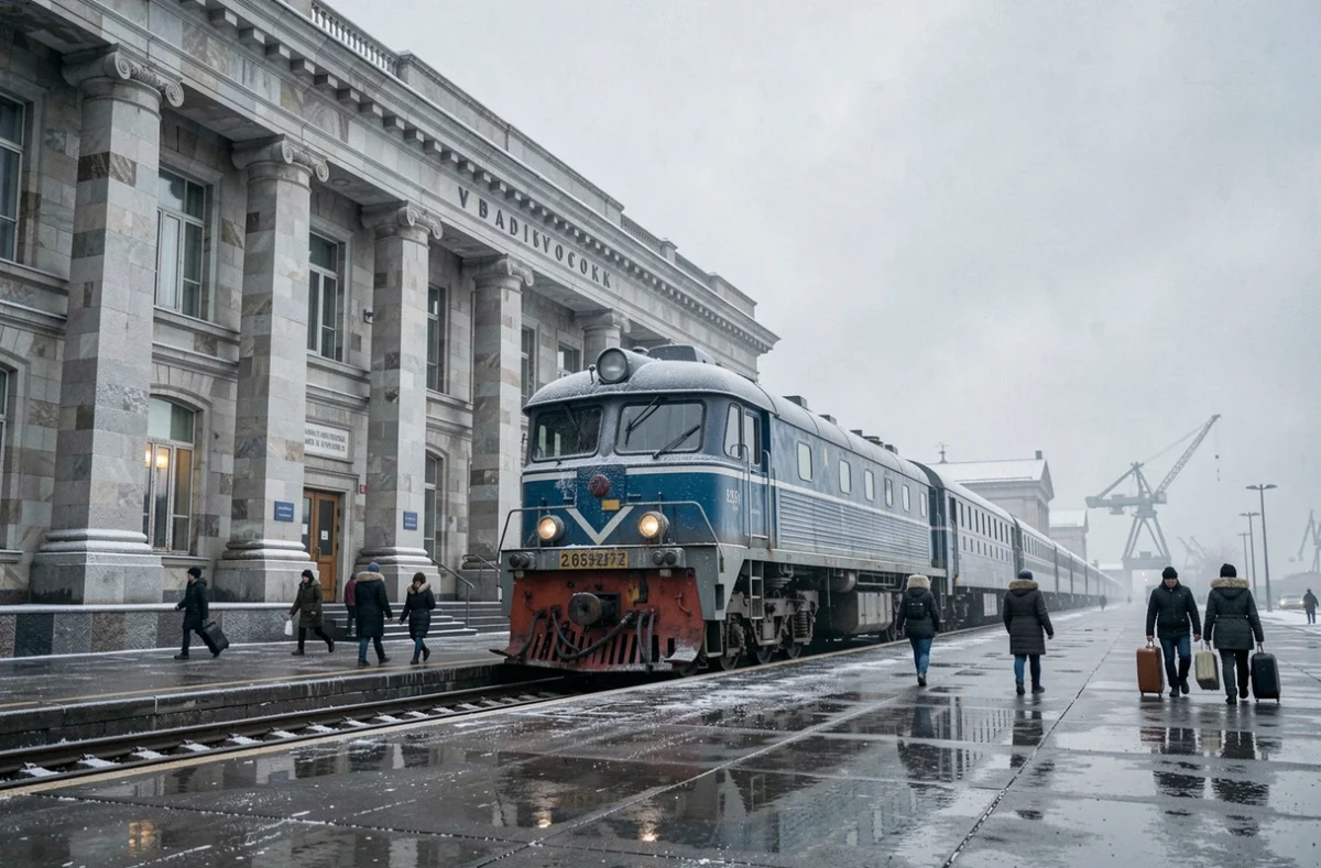Gare de Vladivostok terminus du Transsibérien avec locomotive et voyageurs en hiver