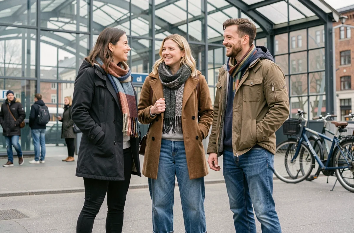 Groupe d'amis suédois portant différents styles de jeans devant une station de transport moderne à Göteborg en Suède