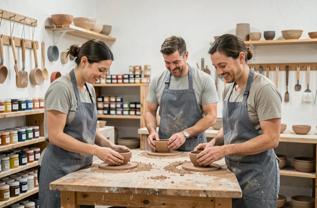 Groupe de voyageurs adultes participant à un atelier de poterie en city break dans un studio de céramique moderne