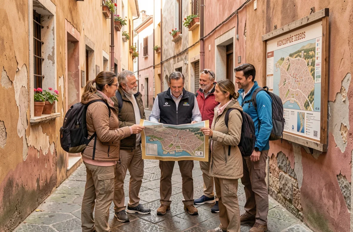 Groupe de touristes adultes étudiant une carte historique avec un guide dans une ruelle pittoresque de vieille ville