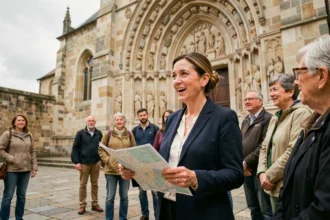 Guide touristique professionnelle expliquant l'histoire d'une cathédrale historique à un groupe de visiteurs attentifs