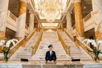 Hall majestueux d'un hôtel ultra-luxueux avec colonnes en marbre et escalier monumental, évoquant un établissement 7 étoiles