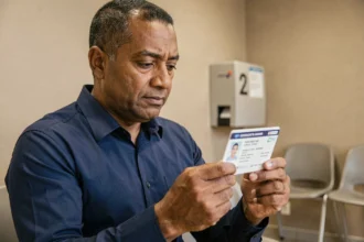 Homme tenant une carte consulaire dans une salle d'attente de consulat