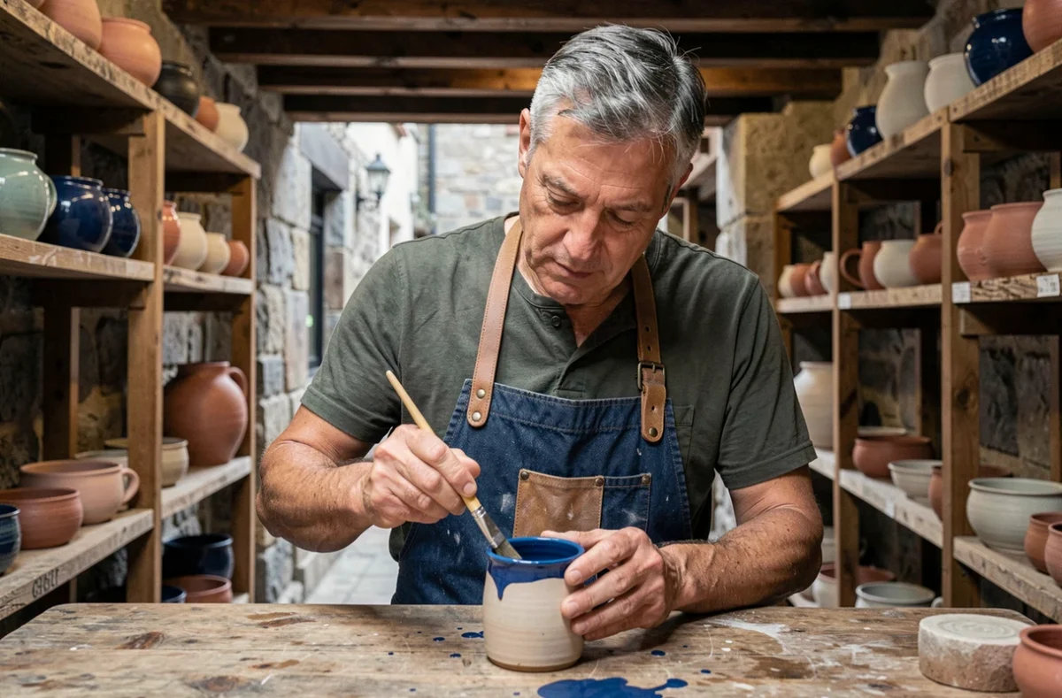 Homme appliquant un émail bleu sur une tasse en céramique dans une boutique de poterie artisanale lors d'une escapade urbaine