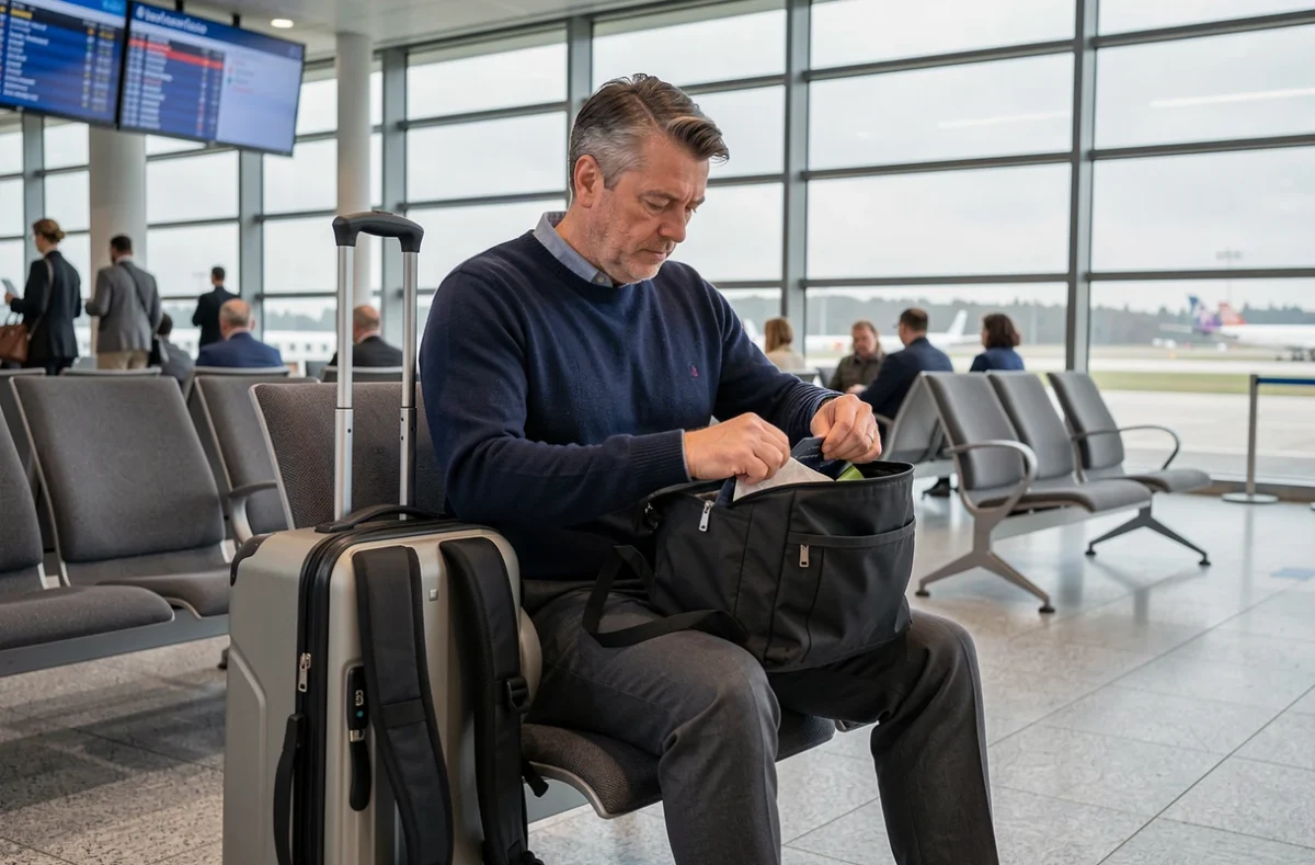 Homme assis en salle d'embarquement avec une valise cabine et un sac à dos posé sur ses genoux