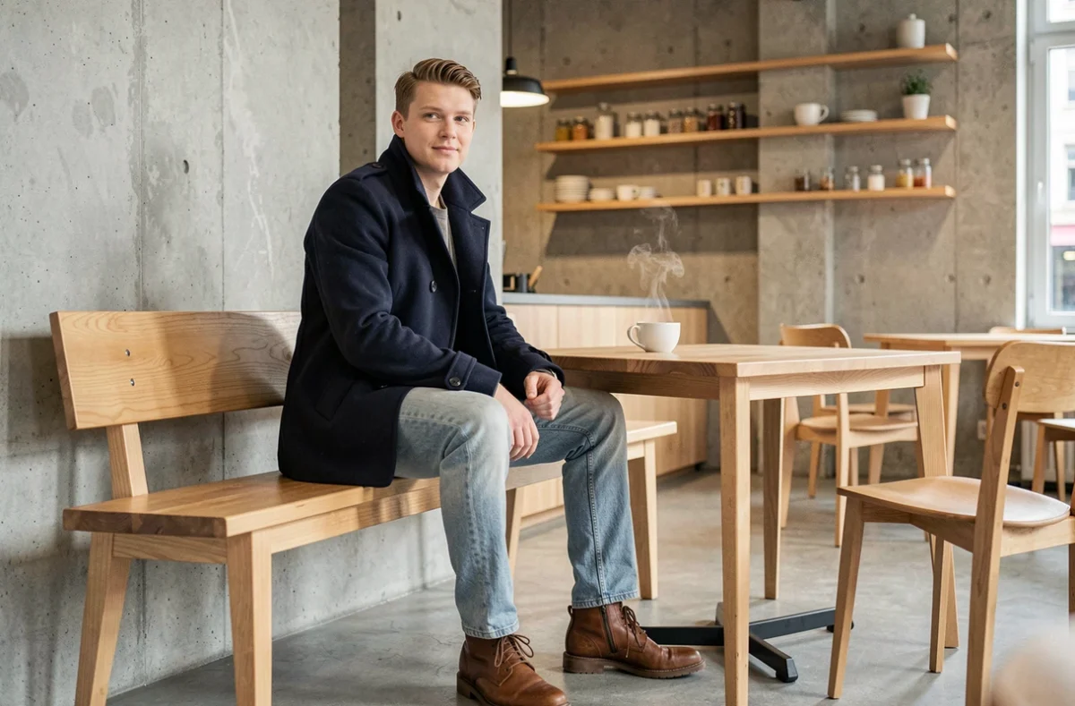 Homme suédois en jean clair assis dans un café minimaliste de style scandinave à Stockholm avec une tasse de café