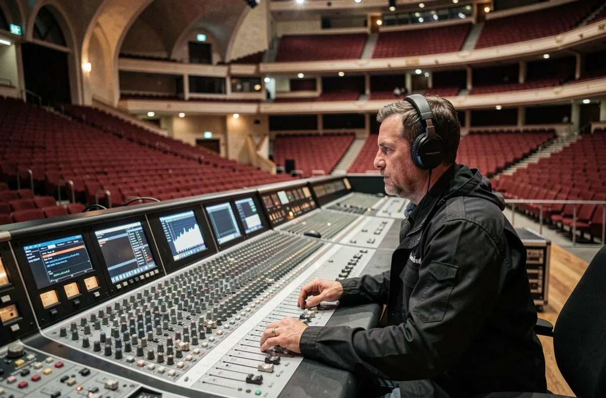 Ingénieur du son à sa console dans une grande salle de concert vide lors des préparatifs