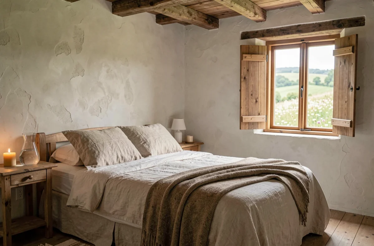 Chambre intérieure d'un éco-gîte avec poutres en bois recyclé, literie en lin et vue sur la nature