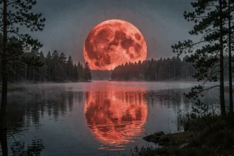 Pleine lune rouge se levant à l'horizon au-dessus d'un lac calme, reflet lumineux sur l'eau sombre entouré de pins silhouettés