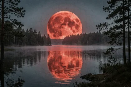 Pleine lune rouge se levant à l'horizon au-dessus d'un lac calme, reflet lumineux sur l'eau sombre entouré de pins silhouettés