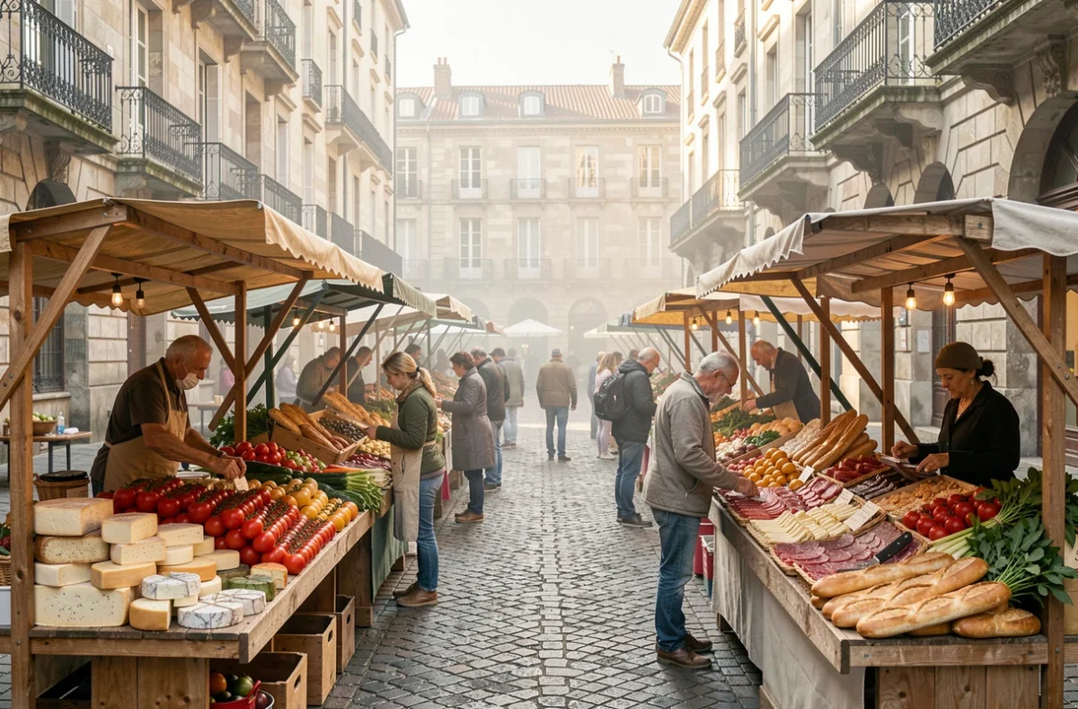 Marché gastronomique en plein air à Lyon avec étals de fromages, charcuteries et légumes frais sur une place pavée