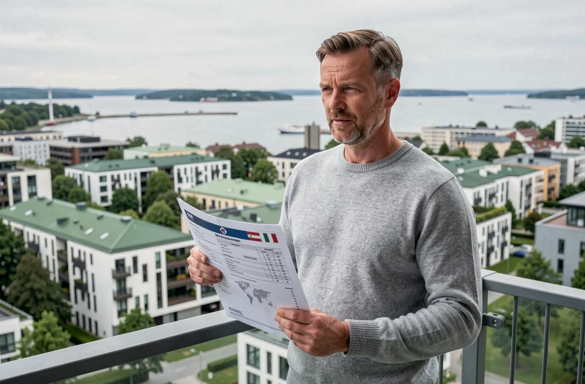 Homme consultant un classement des meilleurs pays où vivre en 2026 depuis un balcon en ville scandinave