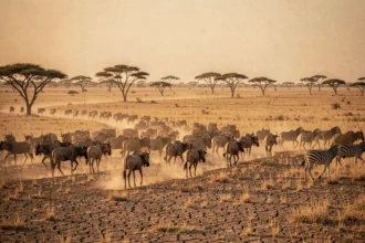 Grande migration de gnous et zèbres dans la savane dorée d'Afrique de l'Est lors d'un safari