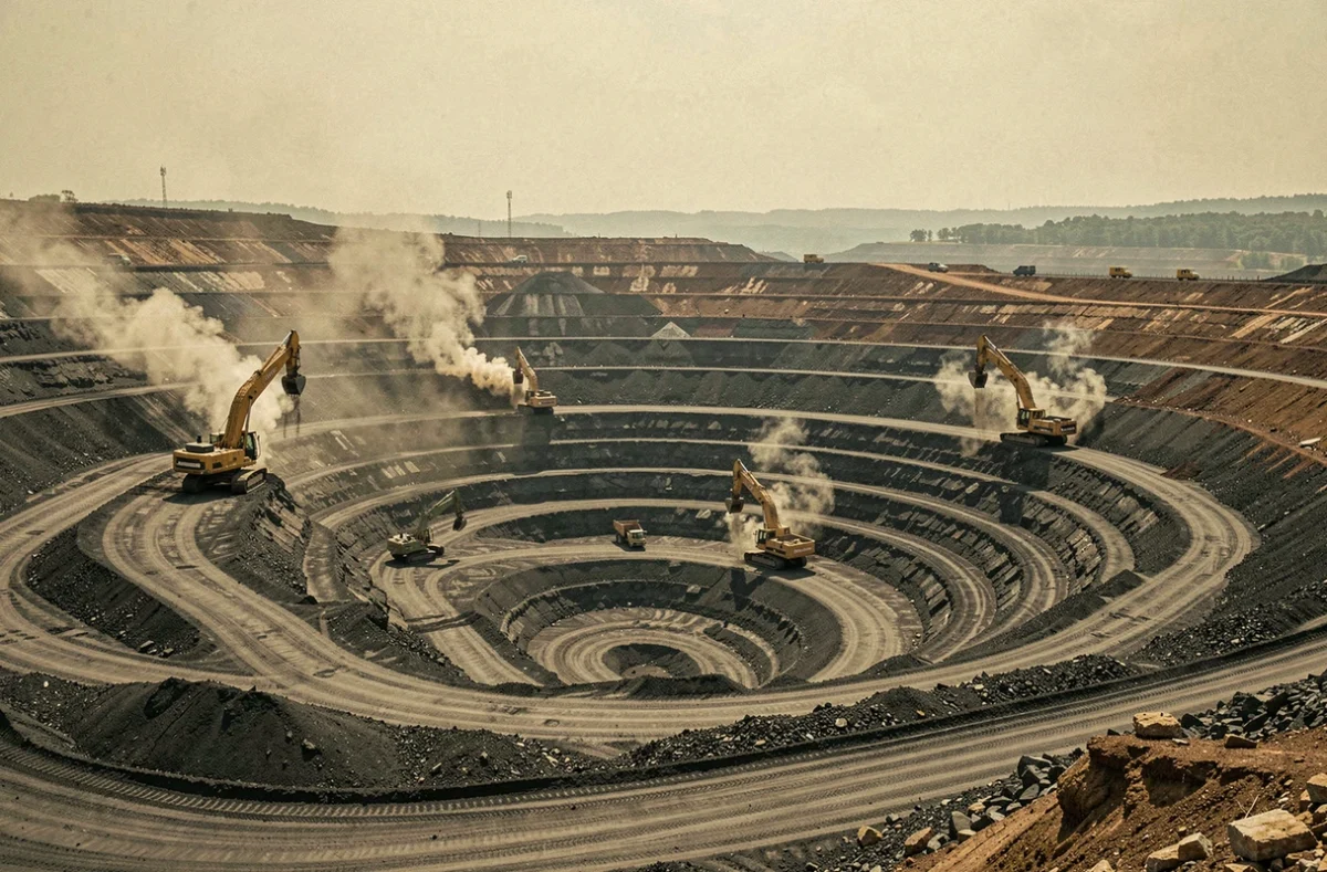 Mine de charbon à ciel ouvert avec excavateurs géants et paysage entièrement dénudé montrant une destruction écologique massive