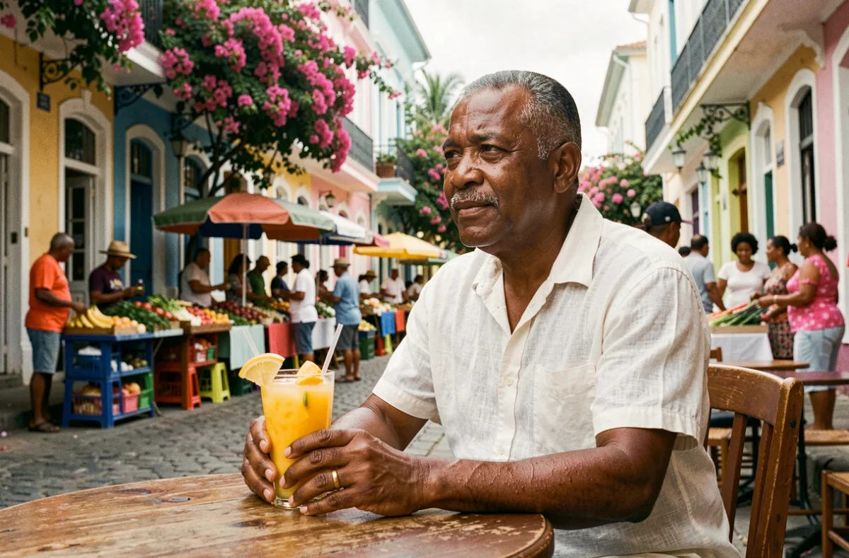 Homme réunionnais dégustant un jus tropical en terrasse dans une rue animée de Saint-Denis pendant les mois d'été à La Réunion