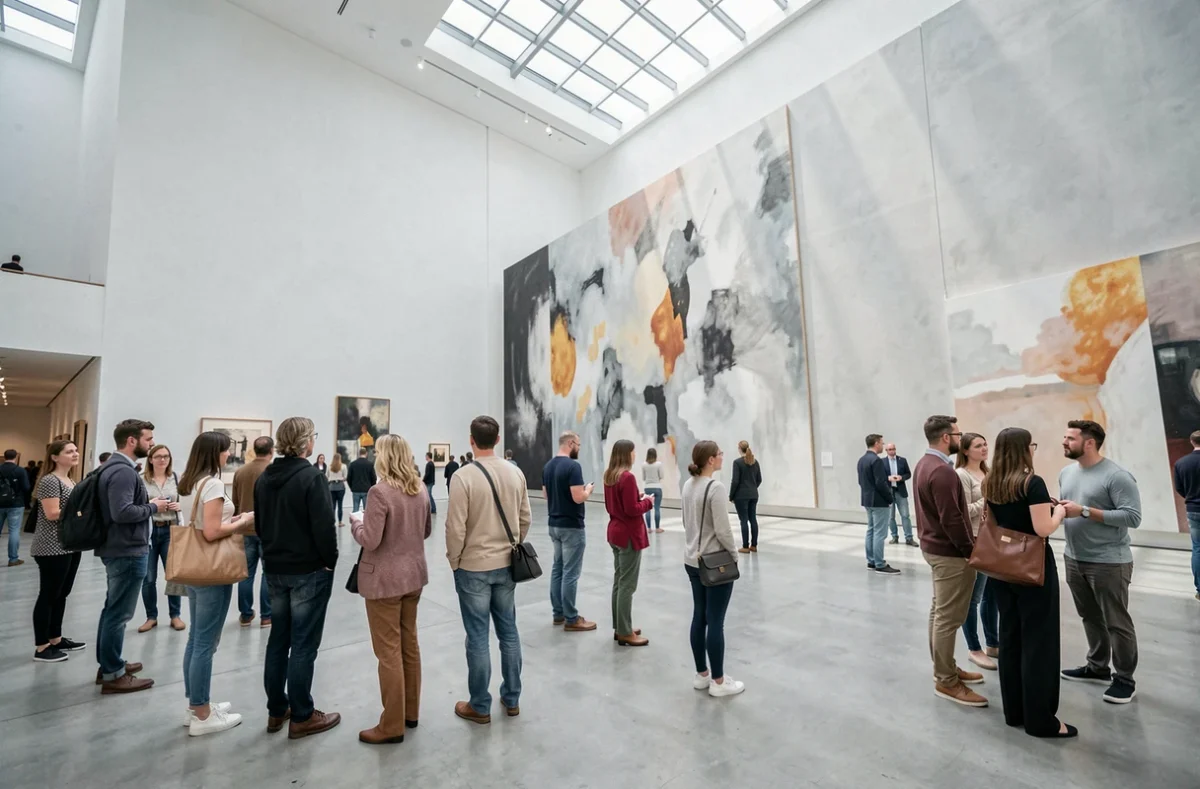 Visiteurs contemplant une grande œuvre d'art moderne dans un musée international, symbole de l'attractivité culturelle mondiale d'une métropole