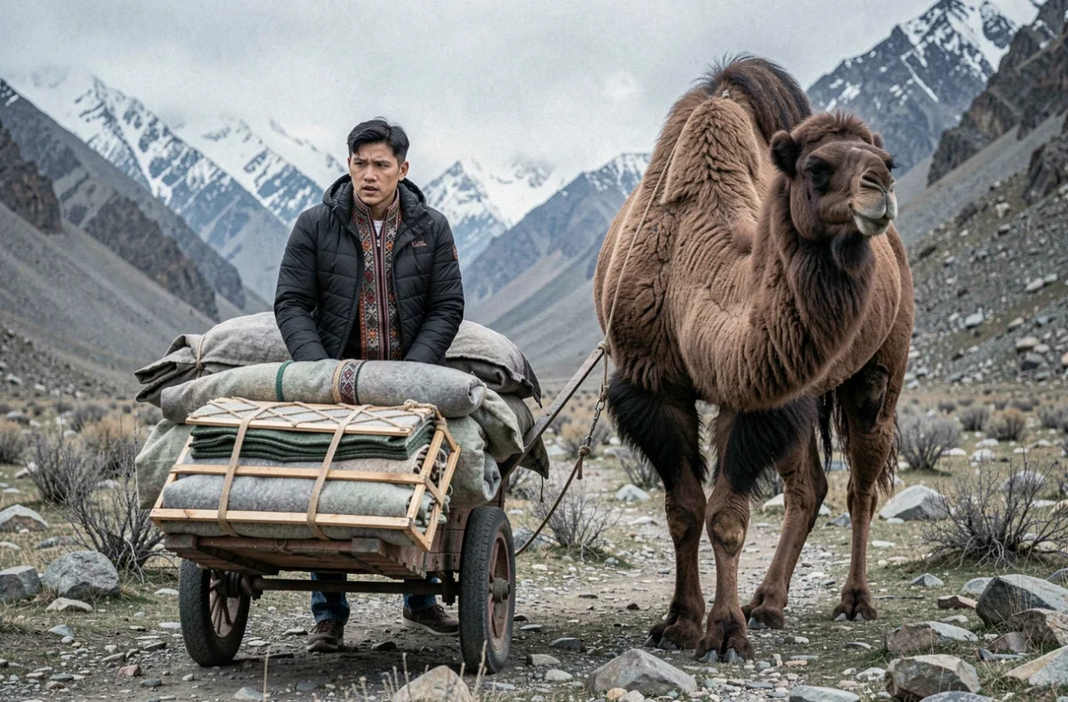 Jeune nomade kazakh chargeant les éléments d'une yourte sur un chameau bactrien dans une vallée alpine du Kazakhstan