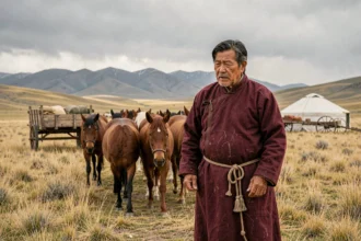 Éleveur nomade mongol en deel traditionnel guidant un troupeau de chevaux à travers la steppe avec une yourte en arrière-plan