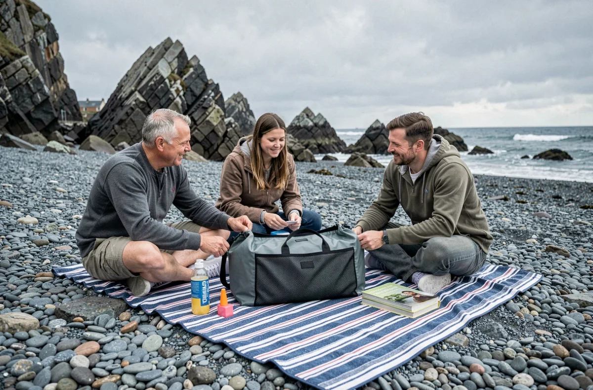 Famille organisant ses affaires dans des sacs imperméables sur une plage de galets en Bretagne