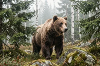 Ours brun sauvage debout à la lisière d'une forêt boréale norvégienne entourée de brume et de sapins