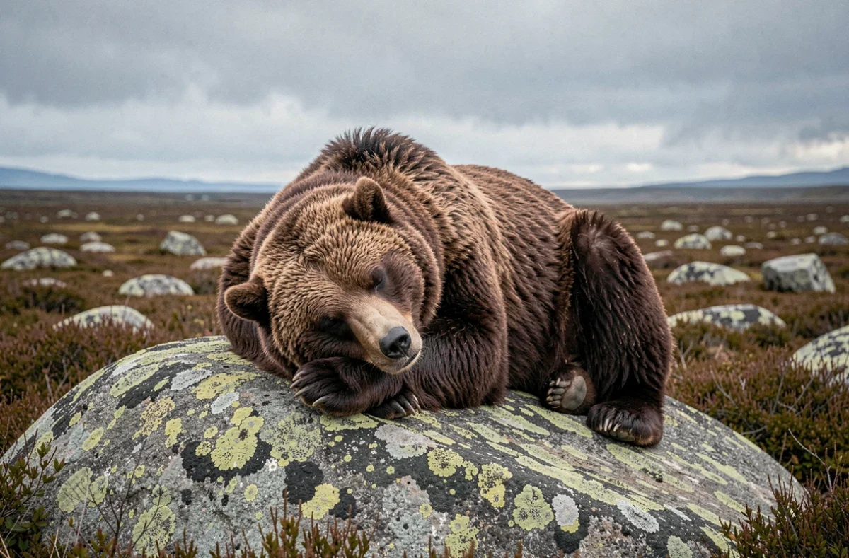 Ours brun se reposant sur un rocher de granit dans un plateau montagneux norvégien sous un ciel nuageux