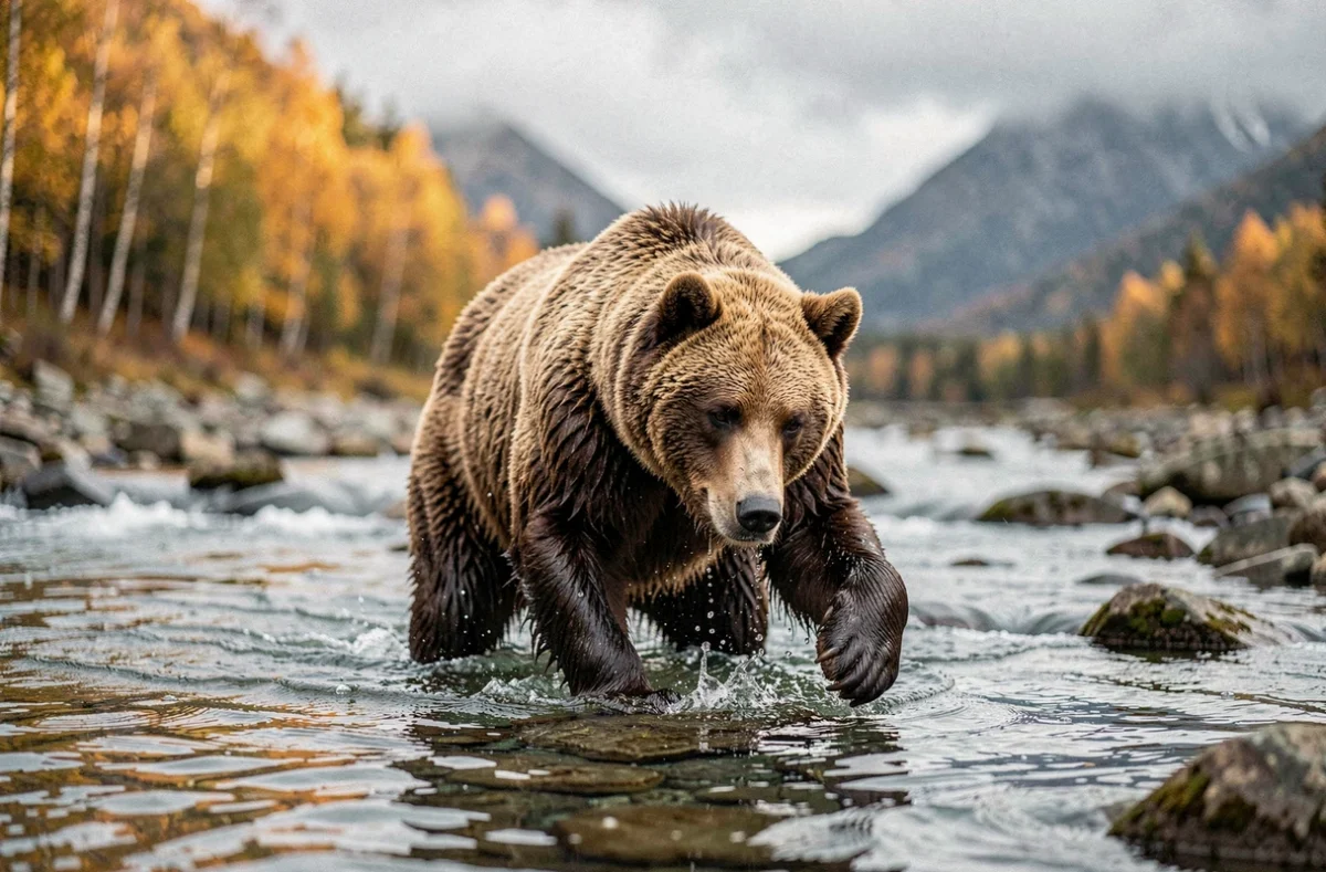 Ours brun traversant une rivière glaciaire en Norvège en automne avec des montagnes en arrière-plan