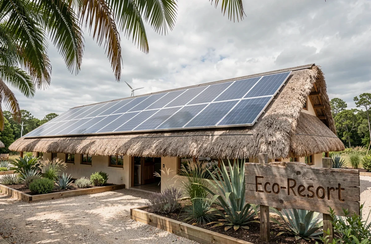 Panneaux solaires sur le toit en chaume d'un éco-resort illustrant les énergies renouvelables et l'architecture durable