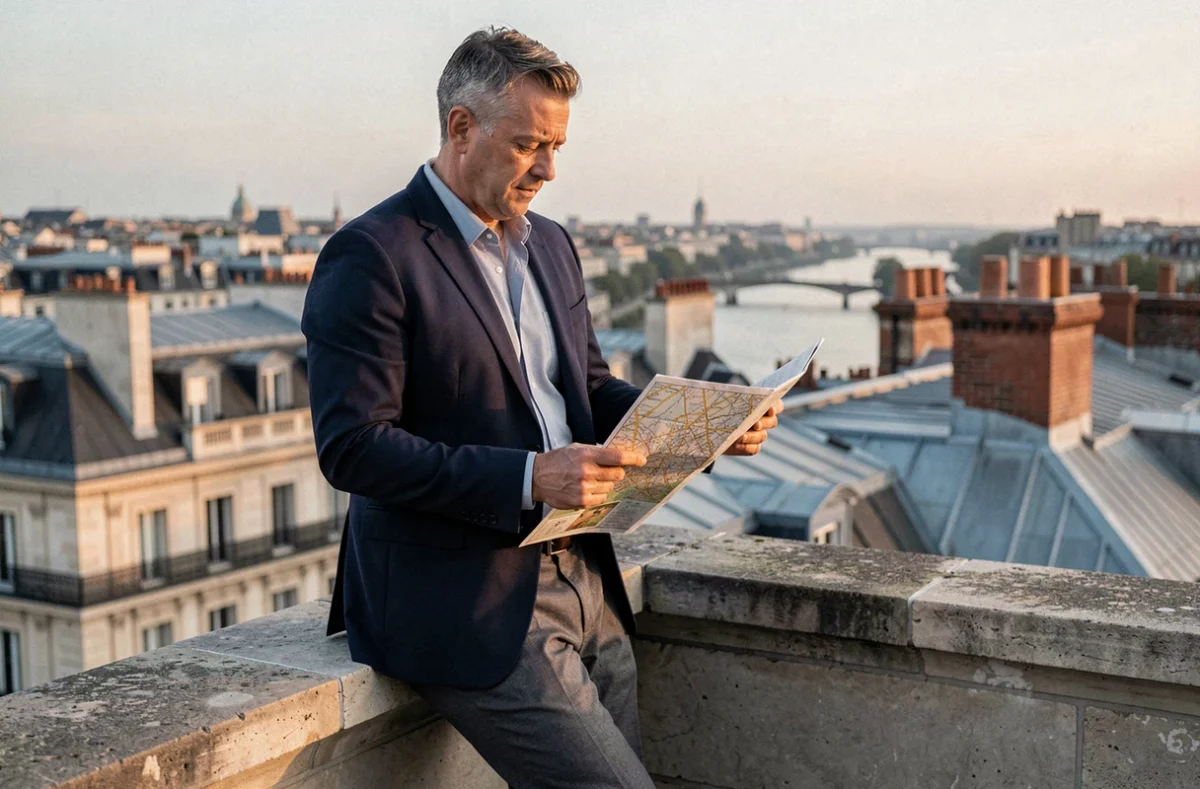 Homme contemplant le panorama des toits de Paris depuis une terrasse en hauteur, illustrant le charme architectural de la capitale française