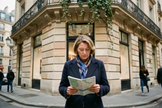 Femme élégante devant une galerie d'art contemporain dans le Marais à Paris, illustrant Paris comme capitale culturelle mondiale