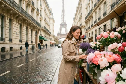 Femme parcourant un marché aux fleurs parisien avec la Tour Eiffel en arrière-plan, ambiance authentique de la plus belle ville du monde