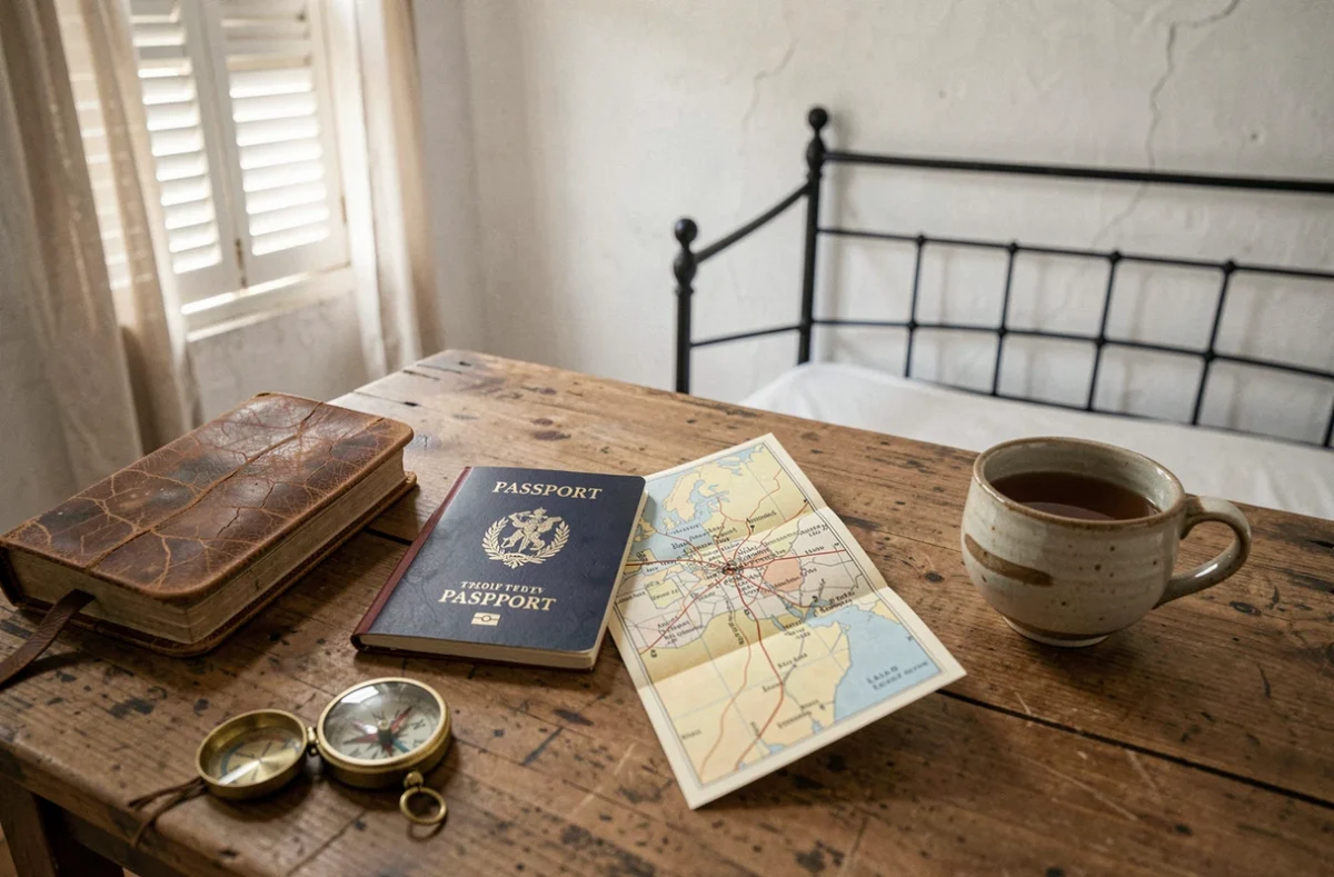 Passeport, carte et carnet de voyage posés sur une table en bois dans une chambre d'hôte simple d'un pays peu visité